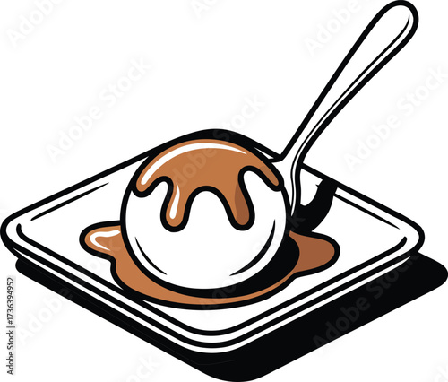 Simple hand drawn illustration of vanilla ice cream scoop with caramel sauce on a small square plate with a spoon
