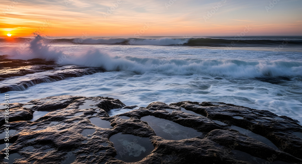 Obraz premium Ocean waves crashing against rocky shore at sunset