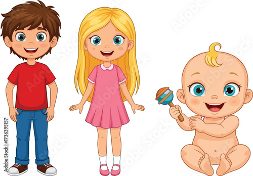 Cartoon children illustration, happy boy, smiling girl, cute baby with rattle, childhood stages, family concept, playful kids, colorful characters, isolated background
