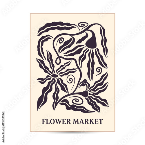 Trendy abstract poster design with groovy botanical illustration with nostalgic 70s vibe. Modern style flowers and wavy shapes good for a poster, cover or social media