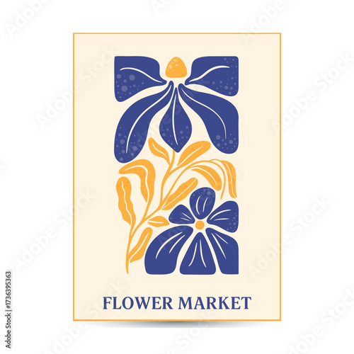 Trendy abstract poster design with groovy botanical illustration with nostalgic 70s vibe. Modern style flowers and wavy shapes good for a poster, cover or social media
