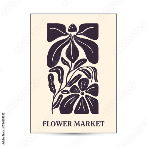 Trendy abstract poster design with groovy botanical illustration with nostalgic 70s vibe. Modern style flowers and wavy shapes good for a poster, cover or social media