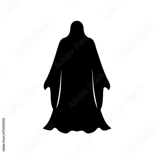 A dark and mysterious cloaked figure stands tall in complete silhouette