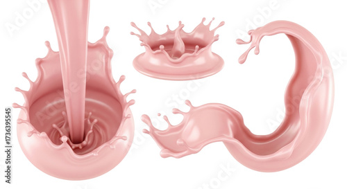 Isolated Pink Milk Splash, Strawberry Yogurt, Strawberry Ice Cream, Beverage, Liquid Flow