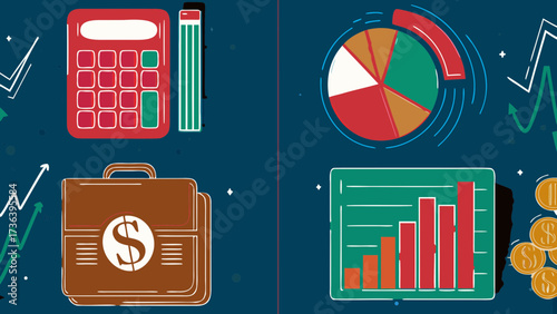 Illustration showing financial planning with calculator pie chart briefcase and bar graph on blue background on transparent background silhouette