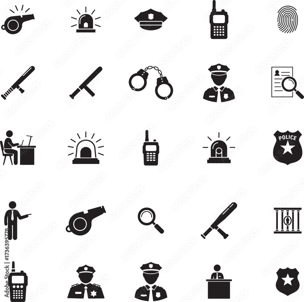 Fototapeta premium Police and Law Enforcement Icons Silhouette Set