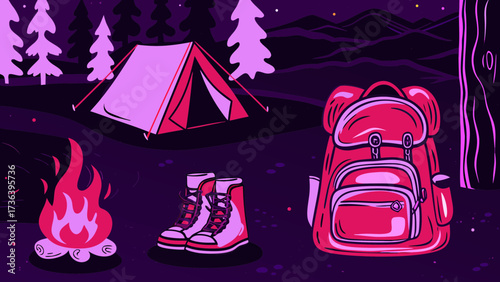 Illustration of a camping scene with a tent, campfire, backpack, and hiking boots at night time on transparent background silhouette