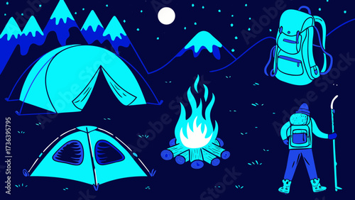 A camping scene at night with tents, mountains, campfire, hiker, and backpack under the moonlight sky on transparent background silhouette