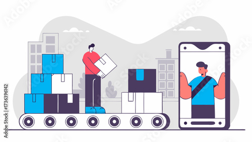 Man working on conveyor belt with boxes and a man on a phone screen in the background view of city on transparent background silhouette