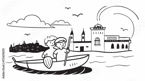 Two boys in a boat on the water with city buildings and birds in the background in black and white on transparent background silhouette