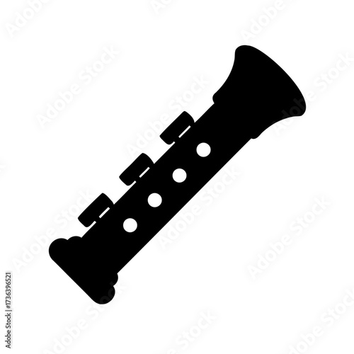 A black and white silhouette of a clarinet style musical instrument