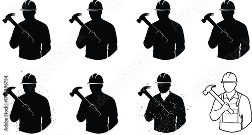 Construction worker silhouette, builder with hammer, helmet safety icon, industrial labor figure, engineering professional, contractor illustration, architecture design, workforce symbol