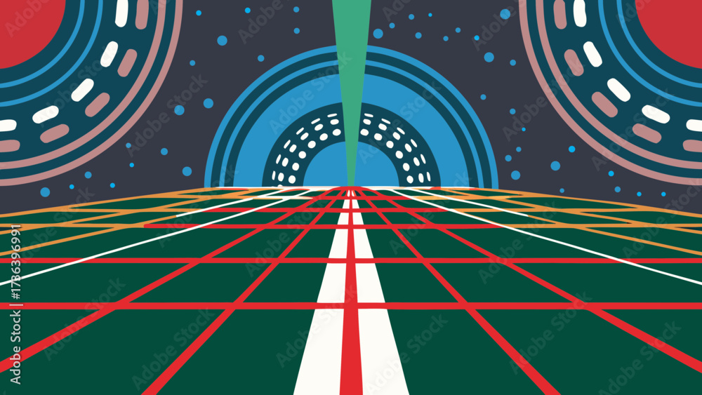 Fototapeta premium Retro futuristic grid landscape with tunnel and circles in a vibrant color palette design of space on transparent background silhouette