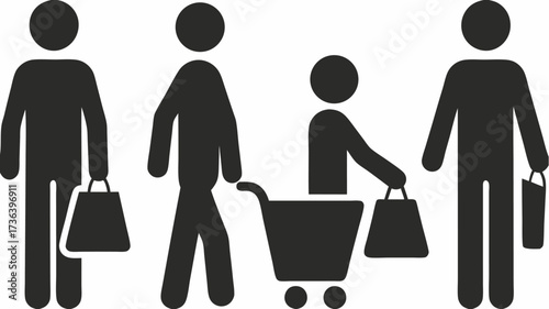 People silhouettes shopping with bags and pushing a cart showcasing consumerism and retail activity with a focus on family shopping dynamics