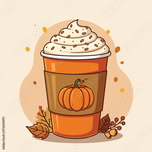 Pumpkin spice drink. Latte coffee with whipped cream