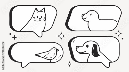 Charming animal icons with cute cat, playful dogs, and sweet bird in speech bubbles, perfect for pet lovers and social media content, engaging and modern design
