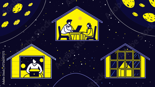 Illustration showing people inside houses floating in space with planets and stars around them on transparent background silhouette