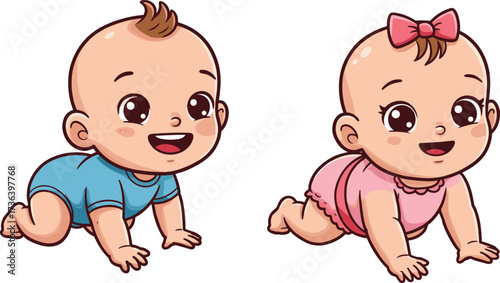 Cute cartoon baby boy and girl crawling, happy infants illustration, childcare concept, parenting design, early childhood education, playful nursery art