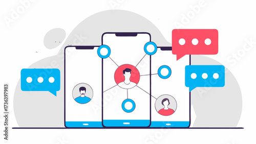 Illustration of three smartphones displaying people connected via a network with speech bubbles on transparent background silhouette
