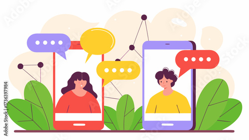 Two people chatting via smartphones with speech bubbles and plant decorations in a flat design style on transparent background silhouette