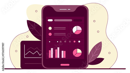 Mobile phone displaying charts and graphs for data analysis and visualization on screen view interface on transparent background silhouette