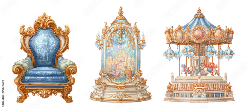 Fototapeta premium Elegant Colorful Decorative Chair, Carousel, and Fairytale Structure