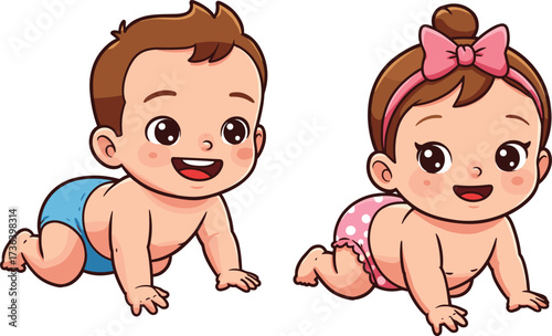 Cute cartoon crawling baby boy in blue diaper, adorable baby girl with pink bow, playful infant illustration, childcare parenting concept