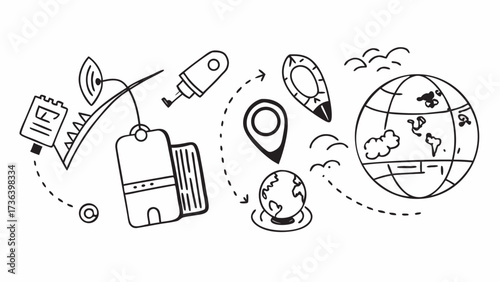 Doodle style travel themed illustration with earth globe and location pin icons and travel accessories on transparent background silhouette