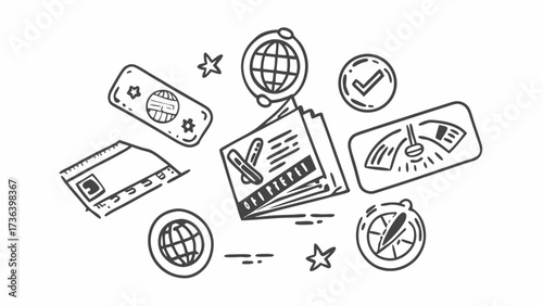 Hand drawn travel icons including passport, globe, compass and other travel related doodle elements on transparent background silhouette