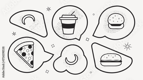 Fun retro diner food icons with coffee, burgers, and pizza for menus and social media, bringing vintage style to restaurant branding and fast food designs