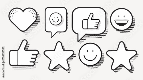 Modern doodle style social media icons convey positive feedback, perfect for website design and branding, heart, thumbs up, star, and smile