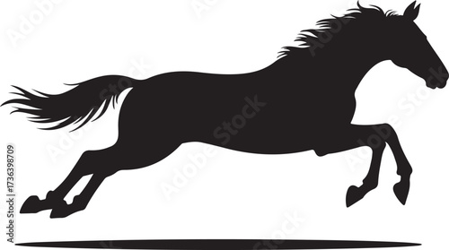 Black silhouette of a horse mid-gallop with flowing mane and tail on a white background animal
