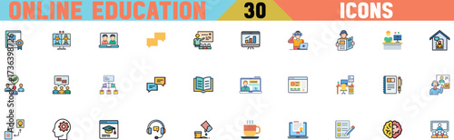 Online education icons set, 30 flat line e-learning vector symbols, digital distance learning and remote school study icons for web and apps