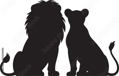 Black silhouette of a male lion with a mane and a female lion sitting side by side lioness