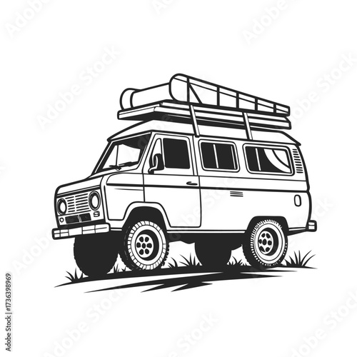 Adventure Van Vector Illustration with Canoe on Roof Rack for Outdoor Exploration