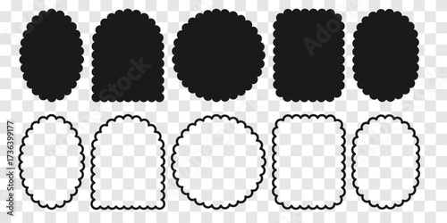 Scalloped frame vector label template. Blank scallop frames isolated on transparent background. Black silhouette and outline label set. Various shapes border