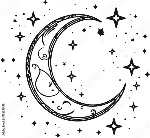 Elegant outline of moon with stars around 3