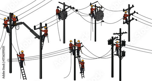 Electrical workers, utility poles, power line maintenance, safety gear, teamwork, electricity infrastructure, transformer installation, climbing equipment, high voltage repair, construction industry