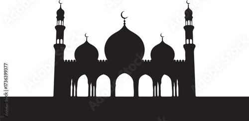 Black silhouette of a mosque with domes and minarets against a white background Islamic architecture 3