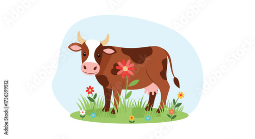 A brown cow with white markings stands in a grassy field with flowers.