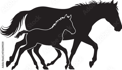 Black silhouette of a mother horse and foal running together colt mare