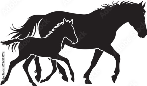Black silhouette of a mother horse and foal running together on a white background mare colt