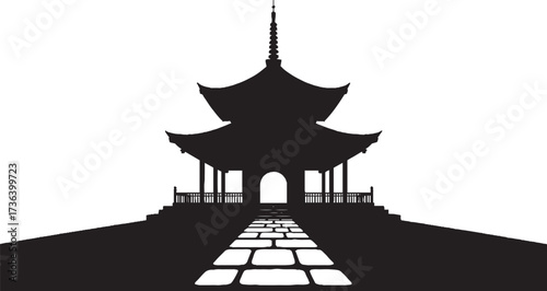 Black silhouette of a multi-tiered pagoda building with a stone pathway leading to its entrance against a white background