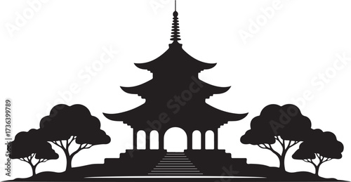 Black silhouette of a multi-tiered pagoda building with arched entrances and stairs flanked by stylized trees on a white background