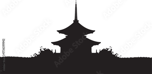 Black silhouette of a multi-tiered pagoda with ornate rooflines and a spired top against a white background