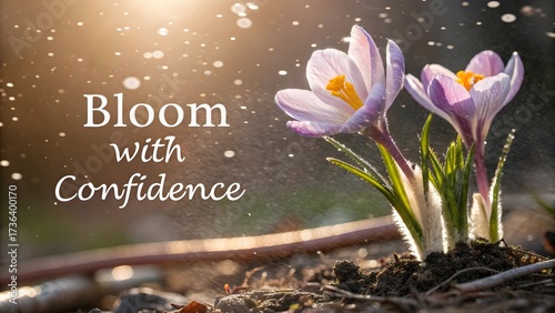 Crocus flower blooming in sunlight with bold inscription