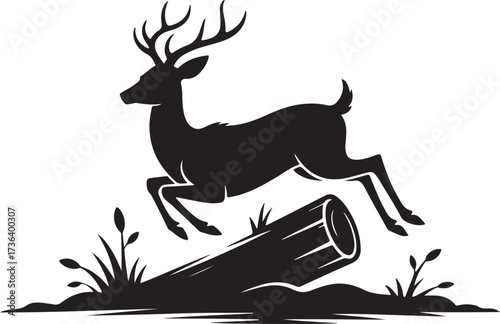 Black silhouette of a stag leaping over a fallen log with reeds and grass deer buck