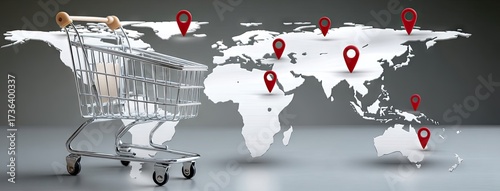 Global trade graphic showcasing China's position with shopping carts and packed boxes in the backdrop, emphasizing international commerce engagement
