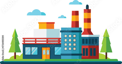 Stylized Factory Illustration with Clean Lines and Bright Colors