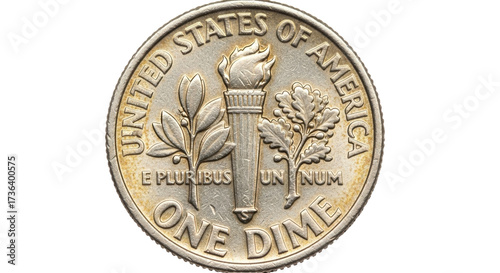 Konstfotografi Isolated US ten cent dime coin showing torch, olive branch, oak branch with E P